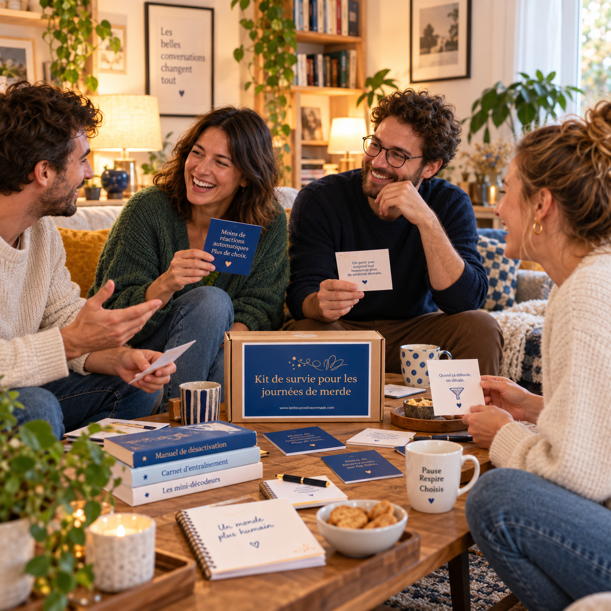 Un groupe d’amis autour du Kit de Survie dans un salon